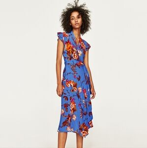 Zara Blue Floral Wrap Sundress with Flutter Sleeves